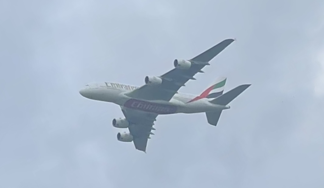 Emirates A380 surrounded by fire engines at Birmingham